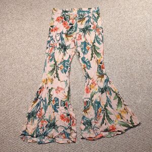 Life Style Tropical Hawaiian Print Pants Women Large Pink Flare Bell Bottom